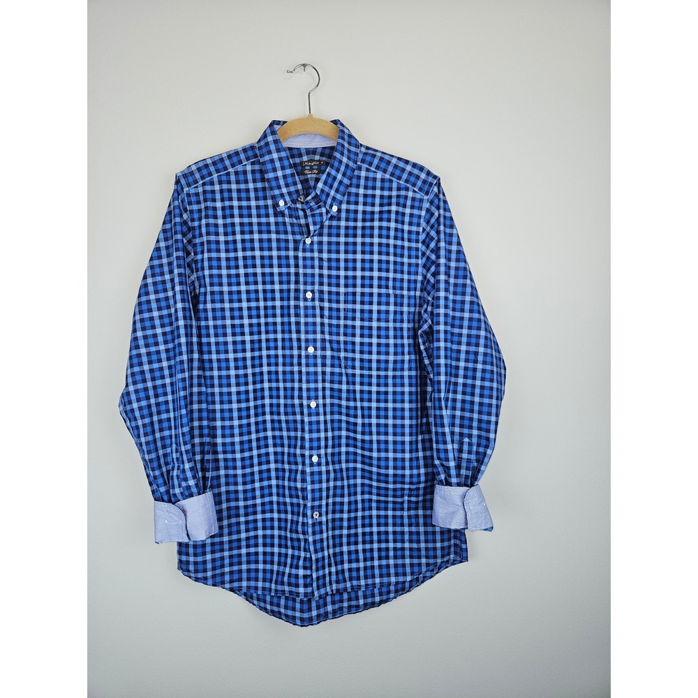 J.McLaughlin Mens Trim Fit Blue Gingham Cotton Button Down Shirt Size M Long Slv